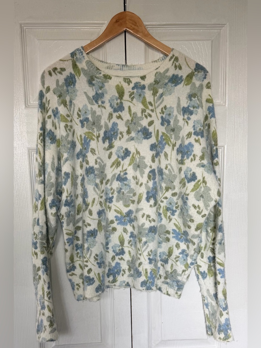 Joie Floral Fuzzy Knit Sweater Blue Green Cream Crewneck Medium